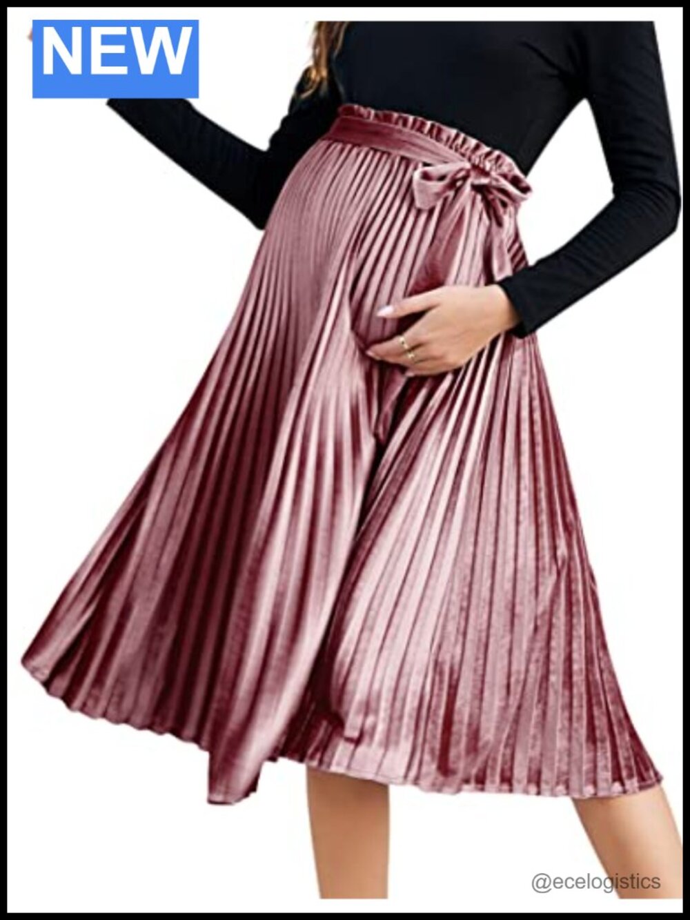 Velvet Pleated A-Line Maternity Maxi Midi Skirt with Belt